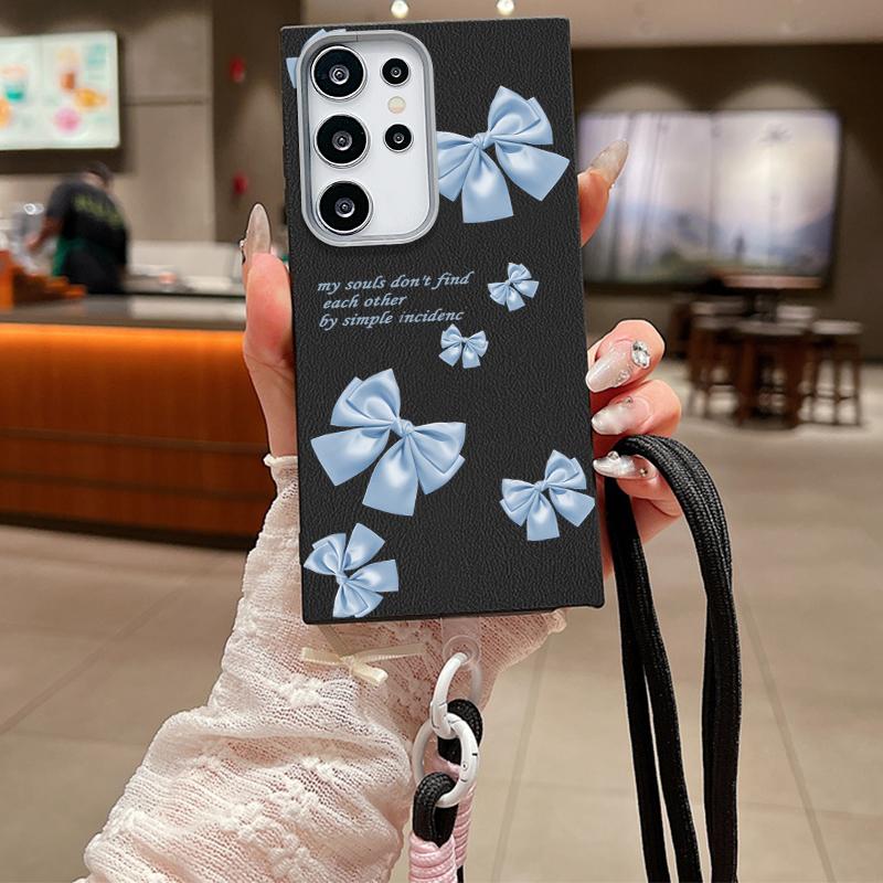 Bowknot Print Leather Texture Slim Matte Case For Samsung S25 Ultra S24 FE S23 A16 A56 A55 A36 A15 A35 Lanyard Rope Shockproof TPU Soft Phone Cover