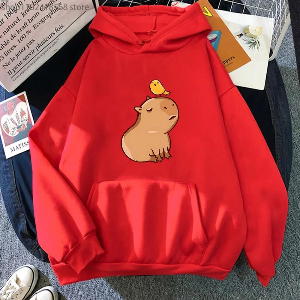 Cartoon Capybara with His Bird Friend Hoodies Women's Kawaii Animal Graphic Sweatshirt Men Tops Clothes