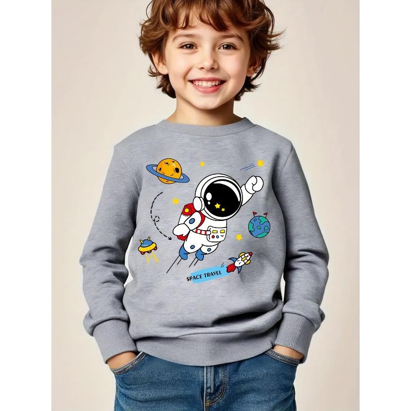European sizes Kids' Space-Themed Astronaut & Planet Print Sweatshirt - Warm Pullover Sweater with Rocket Ship Design, Round Neck Long Sleeve