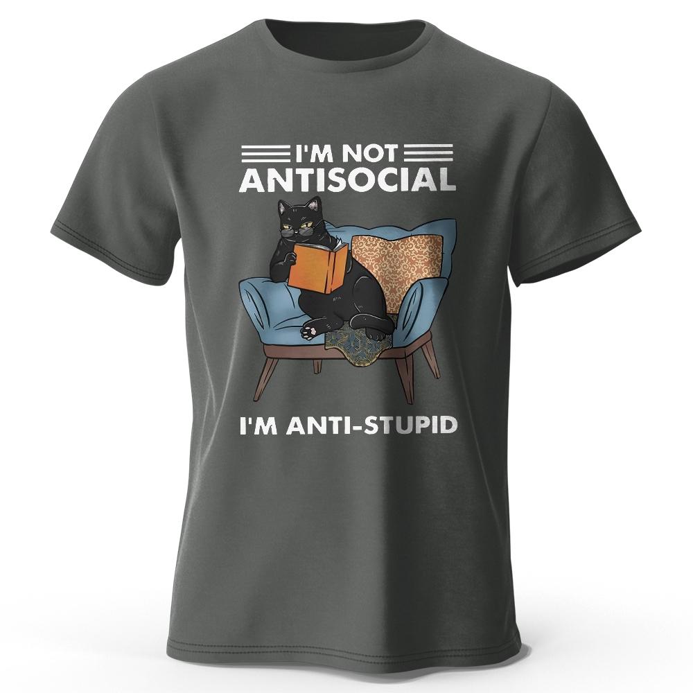I Am Not Anti Social Cat Print T-Shirt Men's Summer 100% Cotton Oversized Funny T-Shirt Men's Women's Summer Short Sleeves