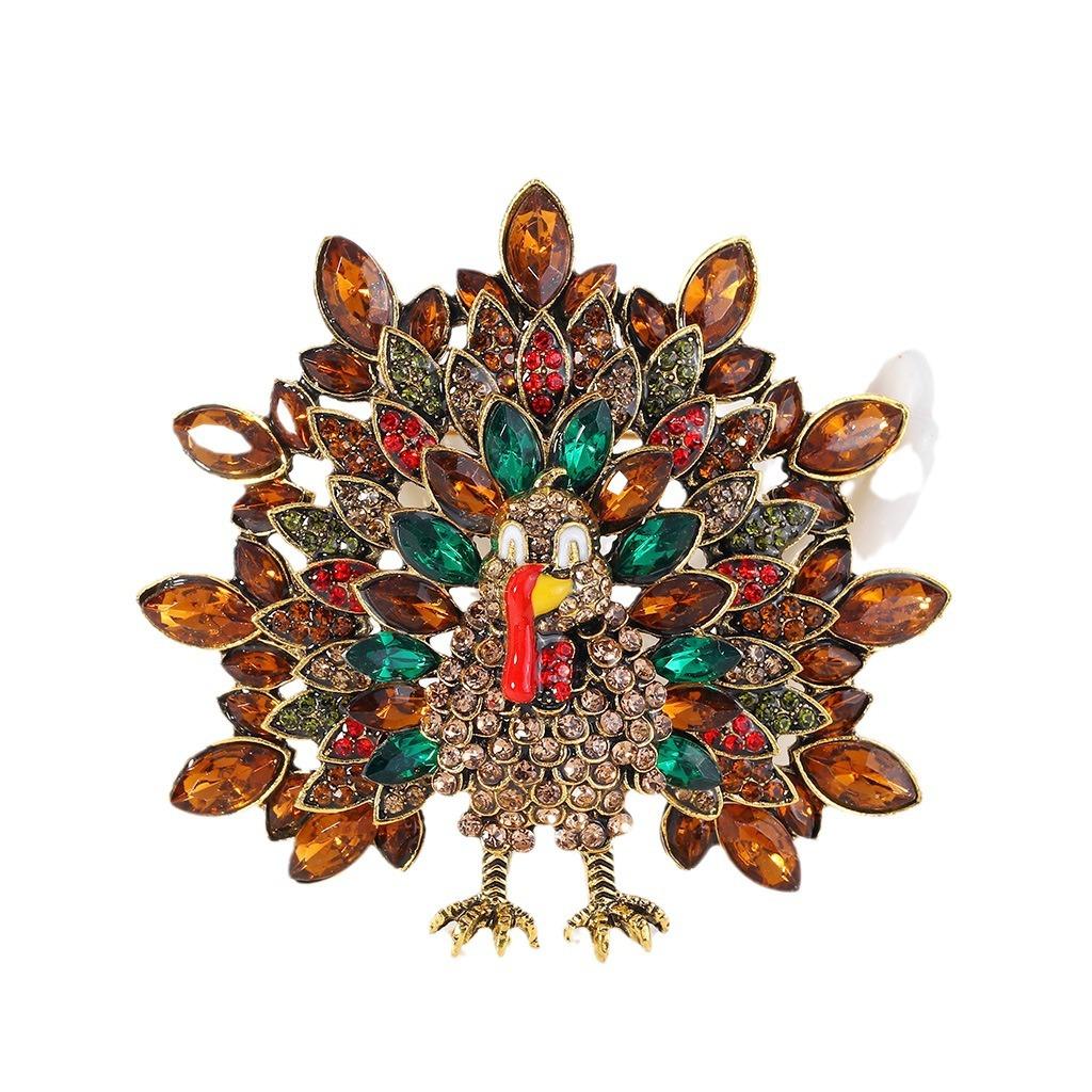 Creative Thanksgiving Rhinestone Turkey Brooch Large Fun Animal Pin Personalized Peacock Badge