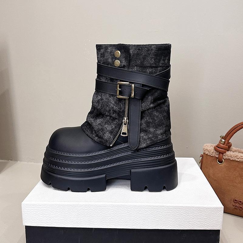 Fashion 10CM Autumn Chunky Short Boots Women High Heels Fashion 2025 Winter Mid Calf Leather Sneakers Trend Belt Buckle Motorcycle Boots