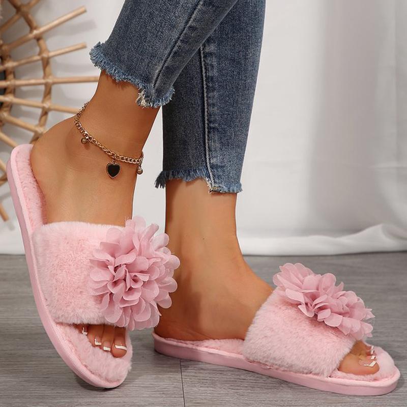 Fashion Elegant Floral Detor Cotton Slippers Women 2025 Solid Color Slip On Fur Slippers for Woman Faux Fur Indoor Plush Slides Female