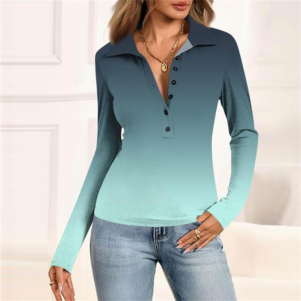 Damenmode Lässig Bedrucktes V-Ausschnitt Langarm Knopfleiste Oberteil