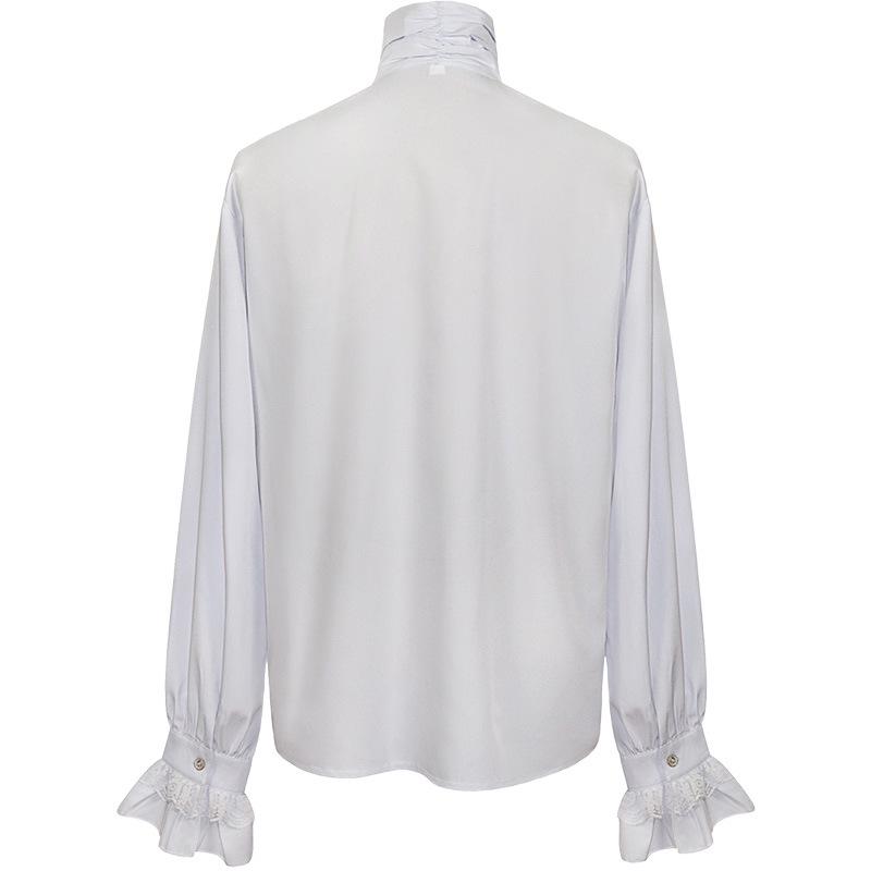 Gothic Ruffled Stand Collar Men's Long Sleeve Tie Shirt with Pleated Cuffs