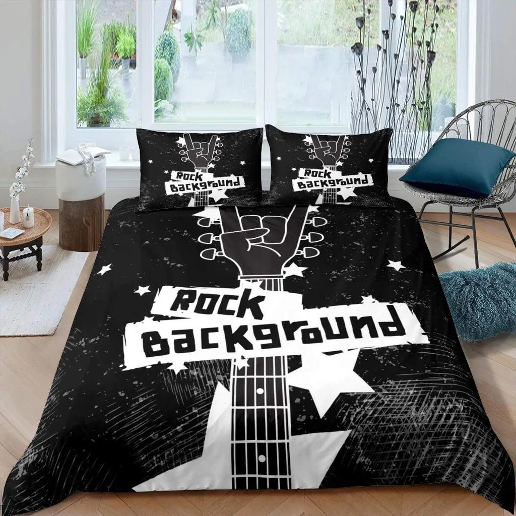 Set Biancheria da Letto Matrimoniale Rock Roll Music King Queen con Federe, Copripiumino con Cuffie e Chitarra, Copripiumino Stile Punk Graffiti in Poliestere