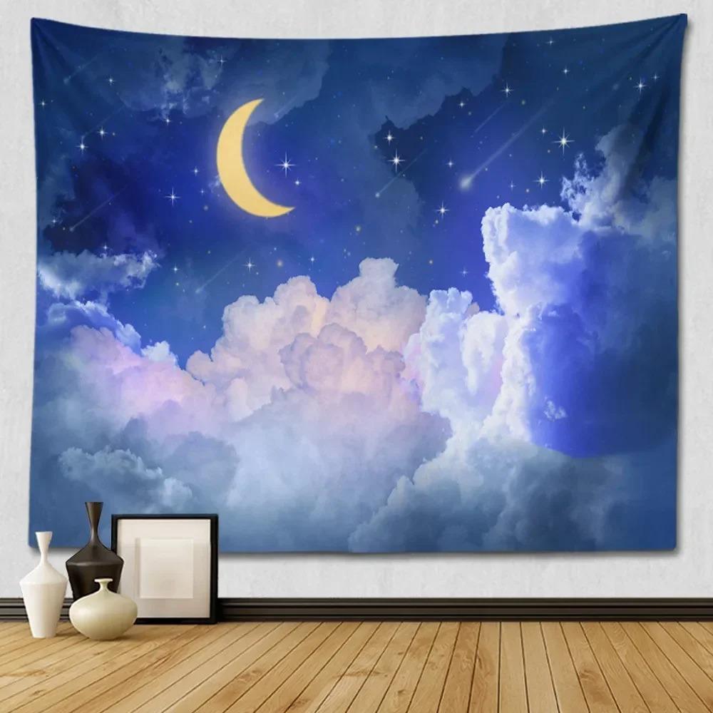Suitable For Bedroom Wall Decoration Starry Sky Moon Tapestry Blue Starry Night Galaxy Universe Large Fabric Wall Hanging