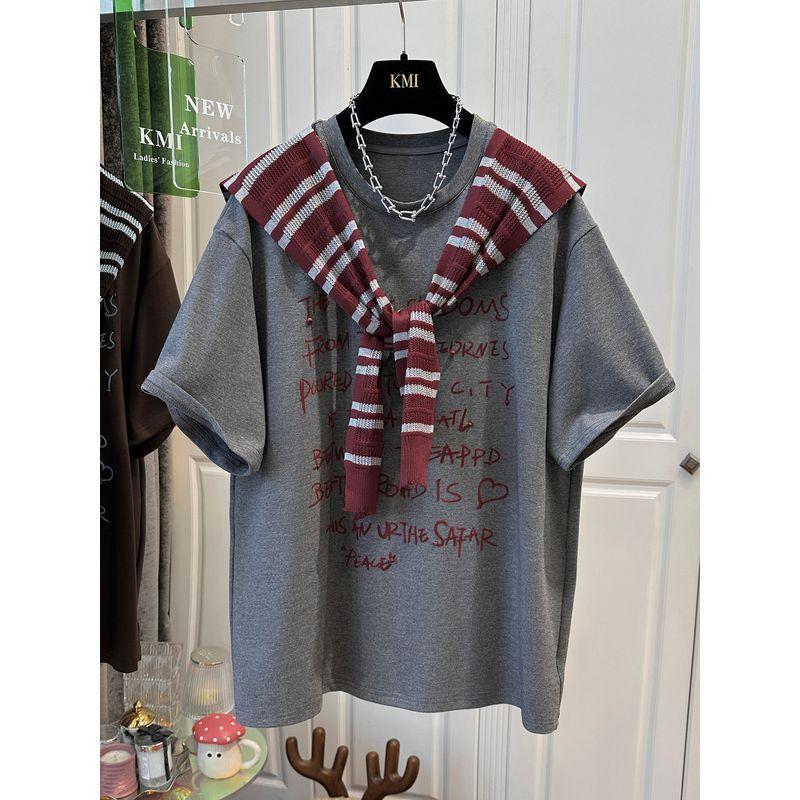 Plus-Size 150kg American-Style Brushed Thickened Letter-Print Shawl Short-Sleeve T-Shirt for Women, New Spring and Autumn Slimming Top