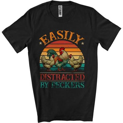 CUTEBUNNYSTORE Vintage Retro Easily Distracted by Peckers; Sarcastic Father's Day Rooster Chicken; Farmer Unisex T-Shirt Black