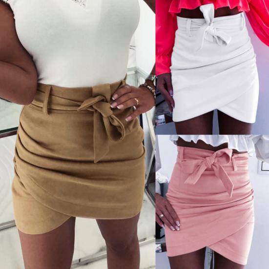 Women Solid Color Slim High Waist Bandage Belt Asymmetric Bodycon Mini Skirt