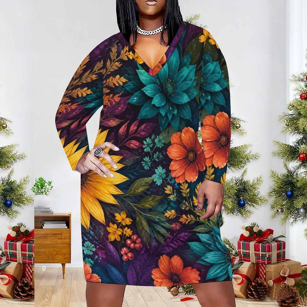 Women Plus Size V Neck Long Sleeve Blue Floral Printed Fitted Straight Dress