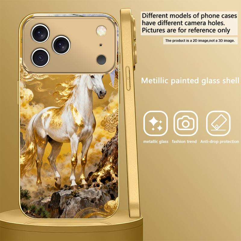 Tall and Sturdy Horse For IPhone 17Pro Max 16 17 Pro 15 Pro 14 13 Plus 12 Mini 11Pro Max XR 16E 17 Air Golden Glass Phone Case