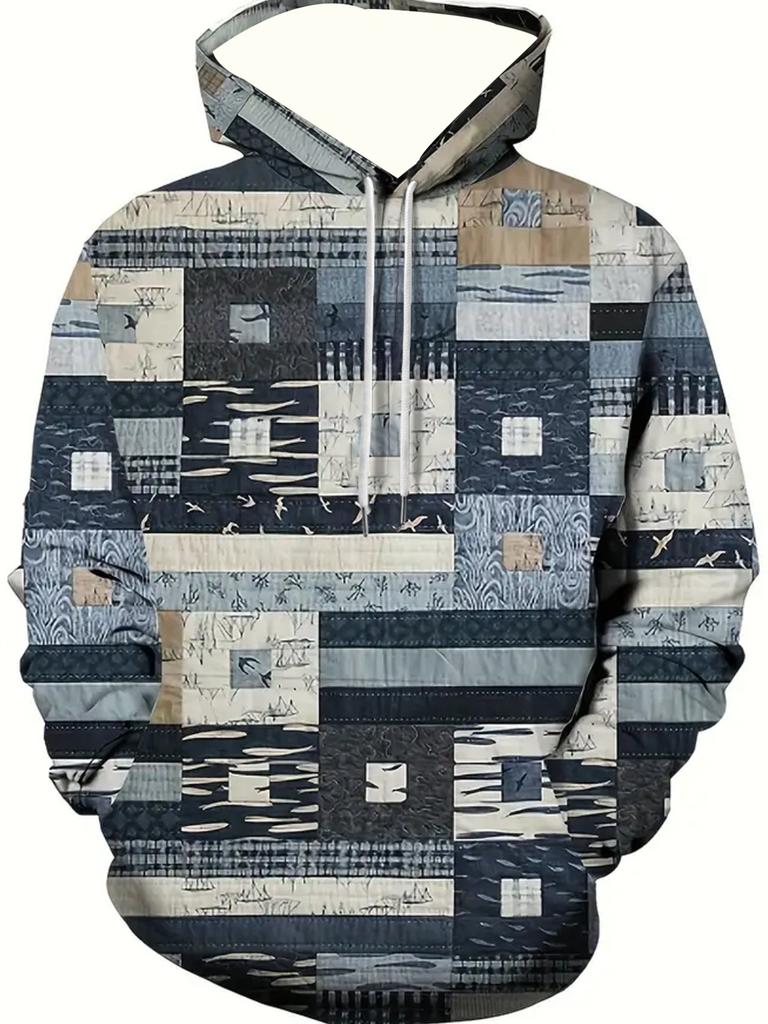 New Men's Fashion Casual Long Sleeve Sweatshirt Hoodie with Vintage Plaid Print, Comfortable and Soft Sportswear Outdoor Top for Daily Wear