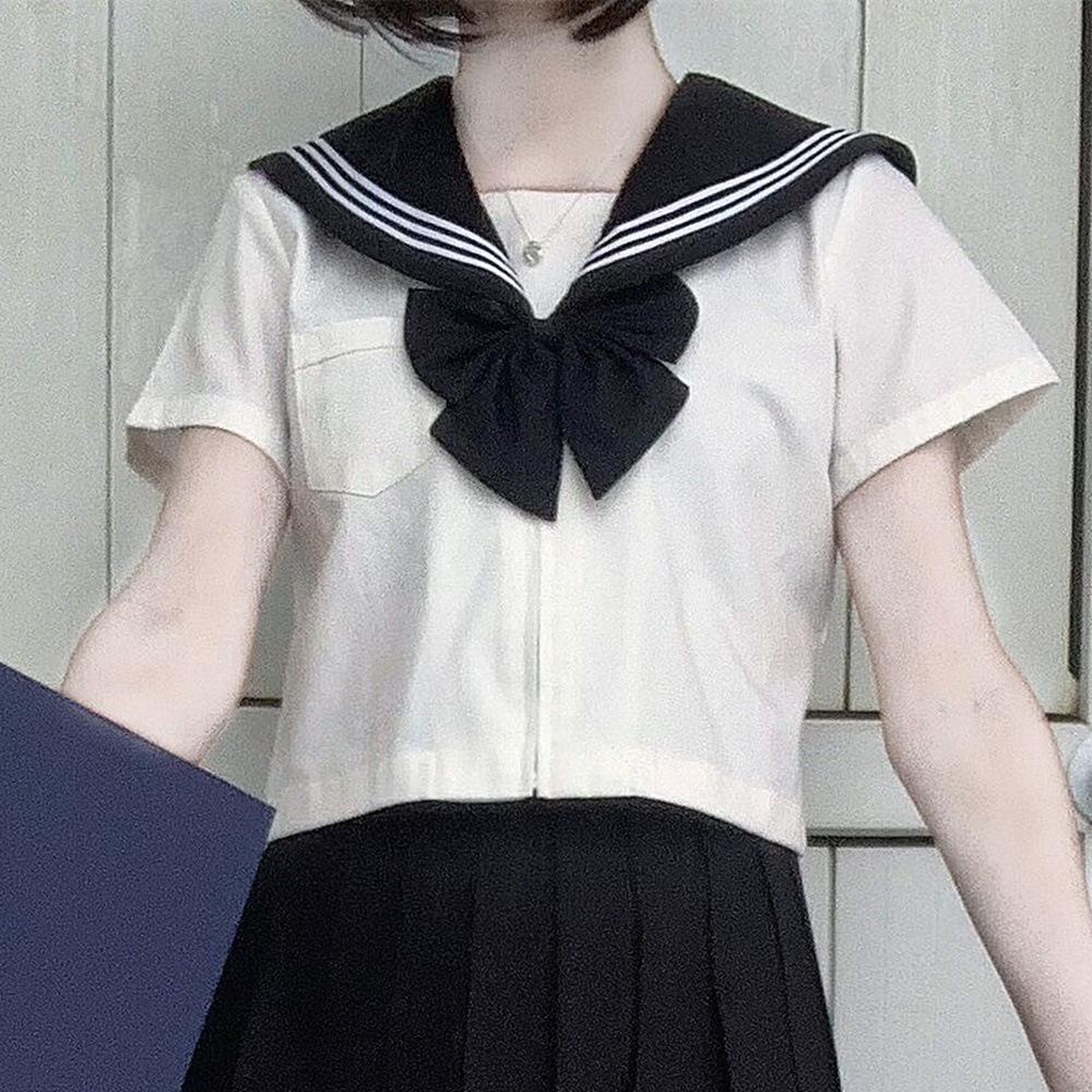 JK Sailor Suit: Black-Collared Off-White Pleated Skirt Set - Three-Piece Basic Style for Spring/Summer