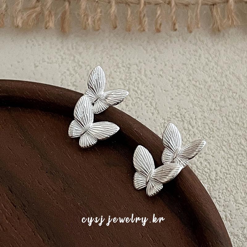 Cui Yan S925 Sterling Silver 2025 Summer Korean Double Butterfly Stud Earrings for Women, Mori-Style. 925 Sterling Silver
