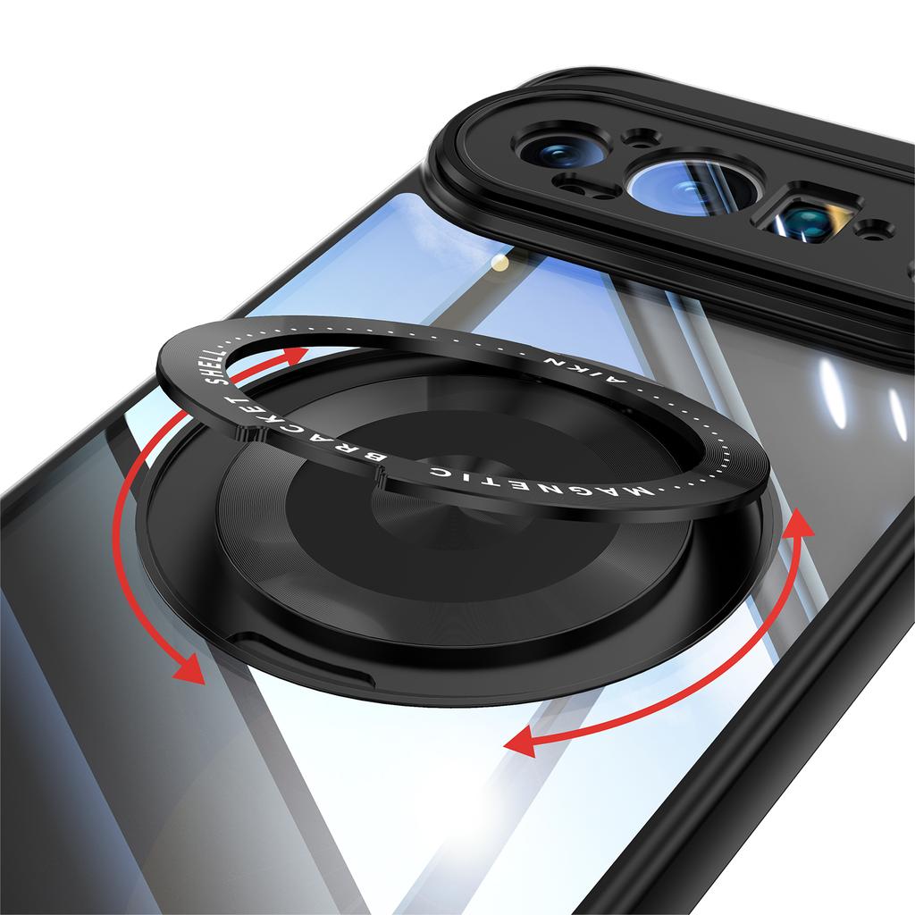 For Google Pixel 9 Pro XL Magnetic Case PC+TPU Phone Cover with Rotating Metal Kickstand,Lens Protector