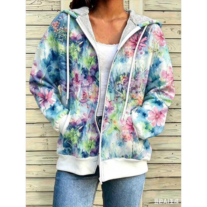 Zipper Splicing Fashion Loose Women's Casual Flower Print Hoodie Fashion Spring And Summer