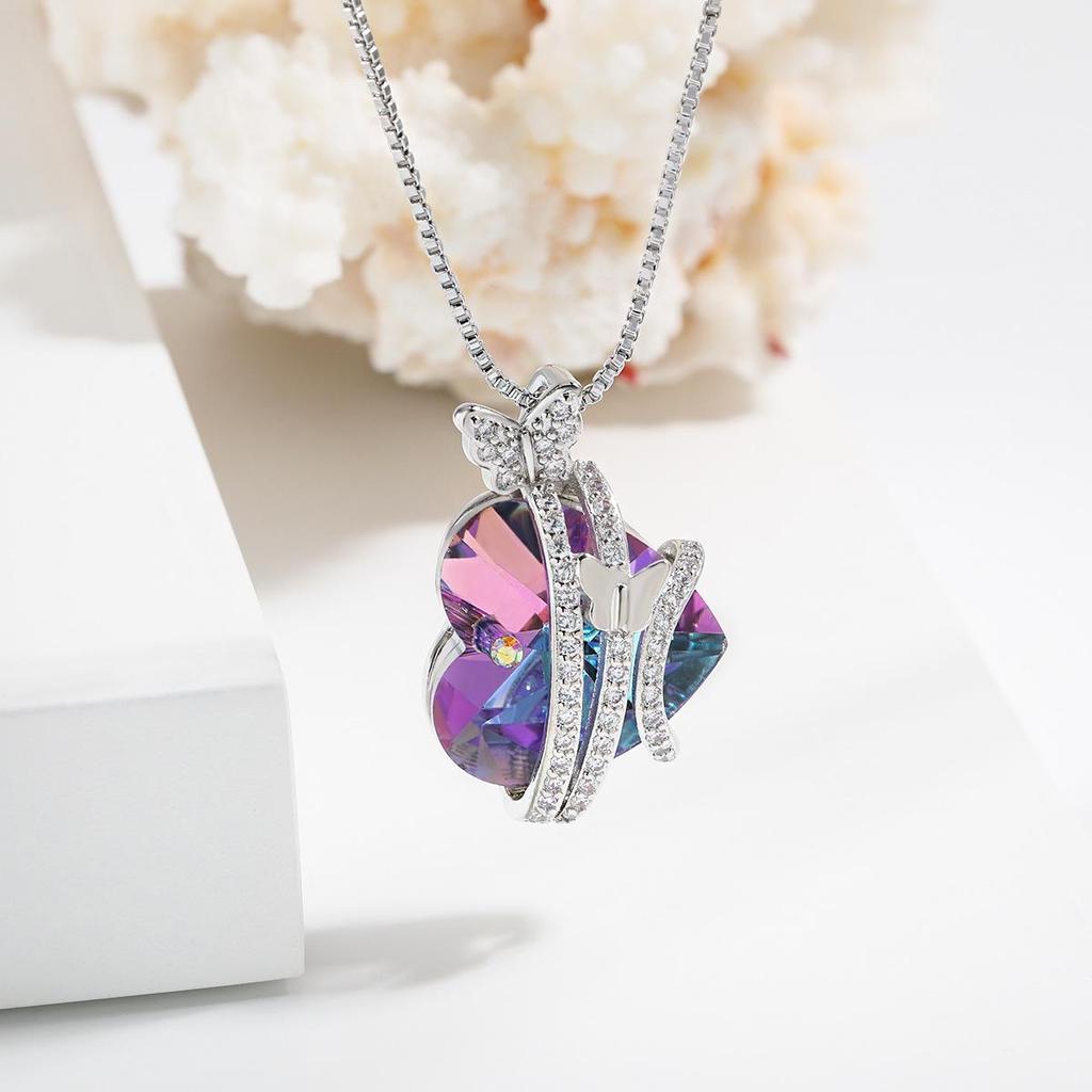 Iridescent Ocean Heart Butterfly Necklace - European & American Fashion Mother's Day Gift