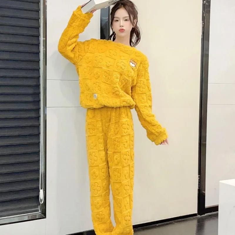 

Теплая зимняя пижама, утепленная зимняя студенческая пижама, комплект из двух предметов из чистого бархата, теплые брюки с длинными рукавами, женская зимняя пижама One size