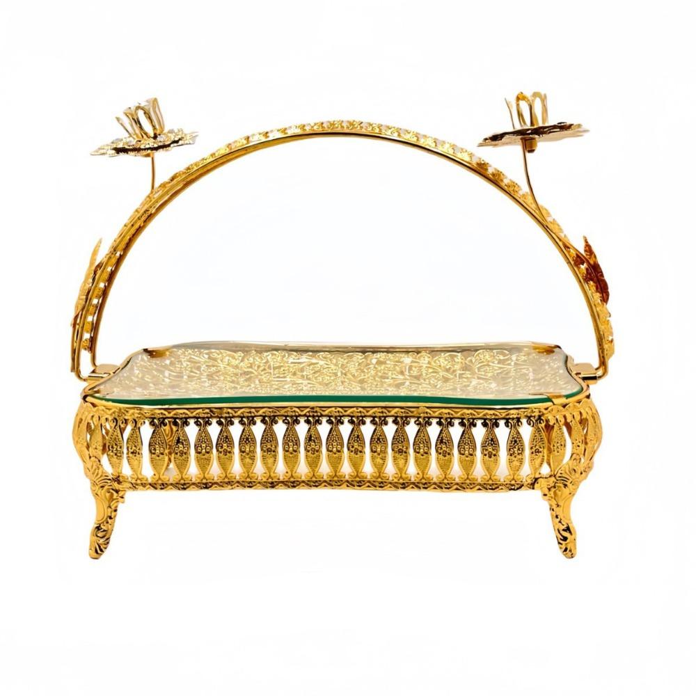 

Creative Pastry Tray Metal Storage Basket European Style Golden Glass Plate Household Square