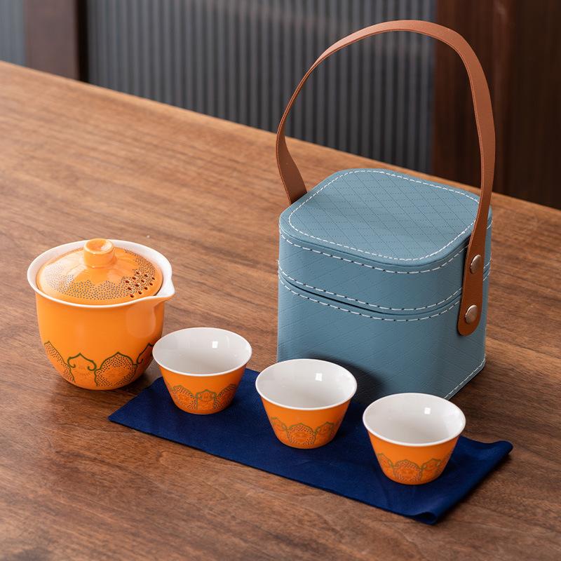 High-end Guochao travel tea set, household high-end business gifts, light luxury, a pot of three cups, commemorative souvenir gifts
