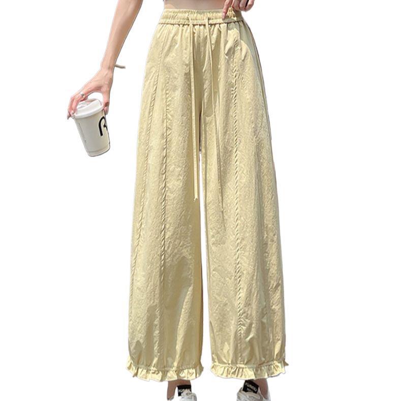Women's Wide-Leg Ice Silk Pants: Dark Blue, Quick-Drying, High-Waist, Slimming, Lightweight Summer Lantern Style with Side Nine-Point Length.