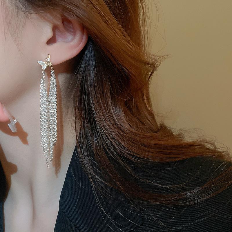 Zircon Butterfly Fringed Earrings Fashion Stud Earrings Light Luxury High Temperament Earrings Women