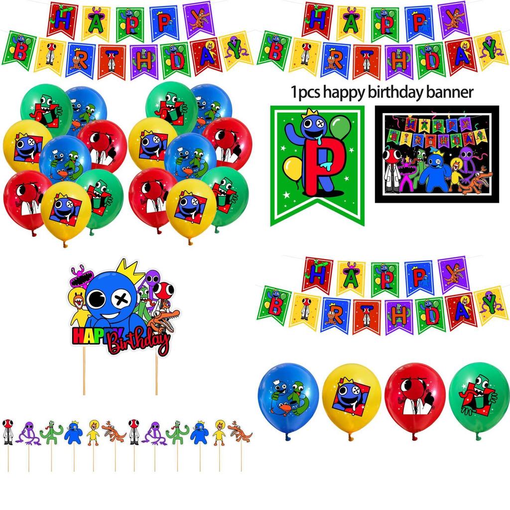 All-in-one Party Supplies Set Includes 26 Pieces Of The Rainbow Friends Theme Including Flags Big And Small Cake Toppers And Mixed Color Balloons.