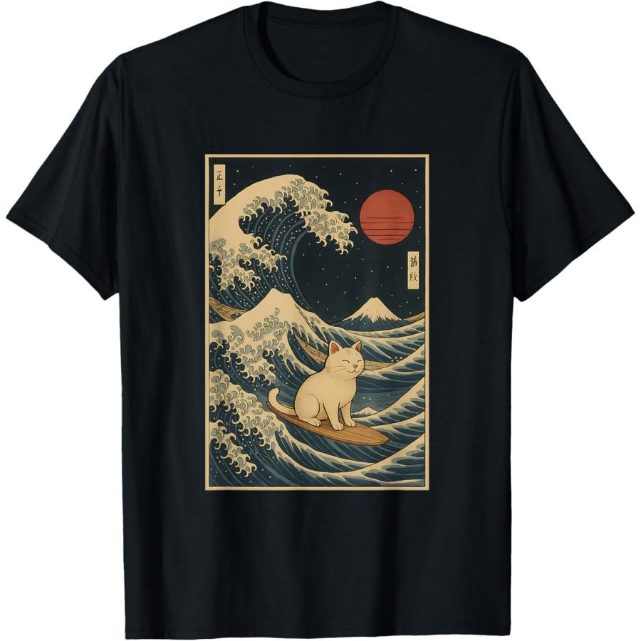 Surfing Cat on the Great Wave Japanese Kanagawa Art Men Women Kids T-Shirt XXXXXL