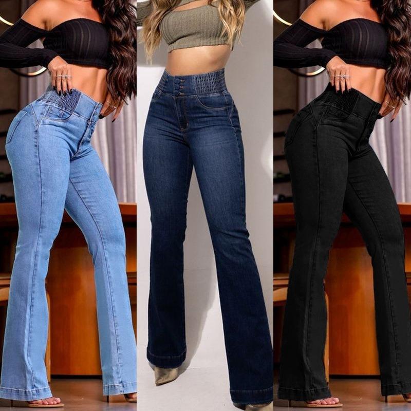 High-Waisted Slimming Denim Jeans with Slightly Flared Legs for Casual Wear