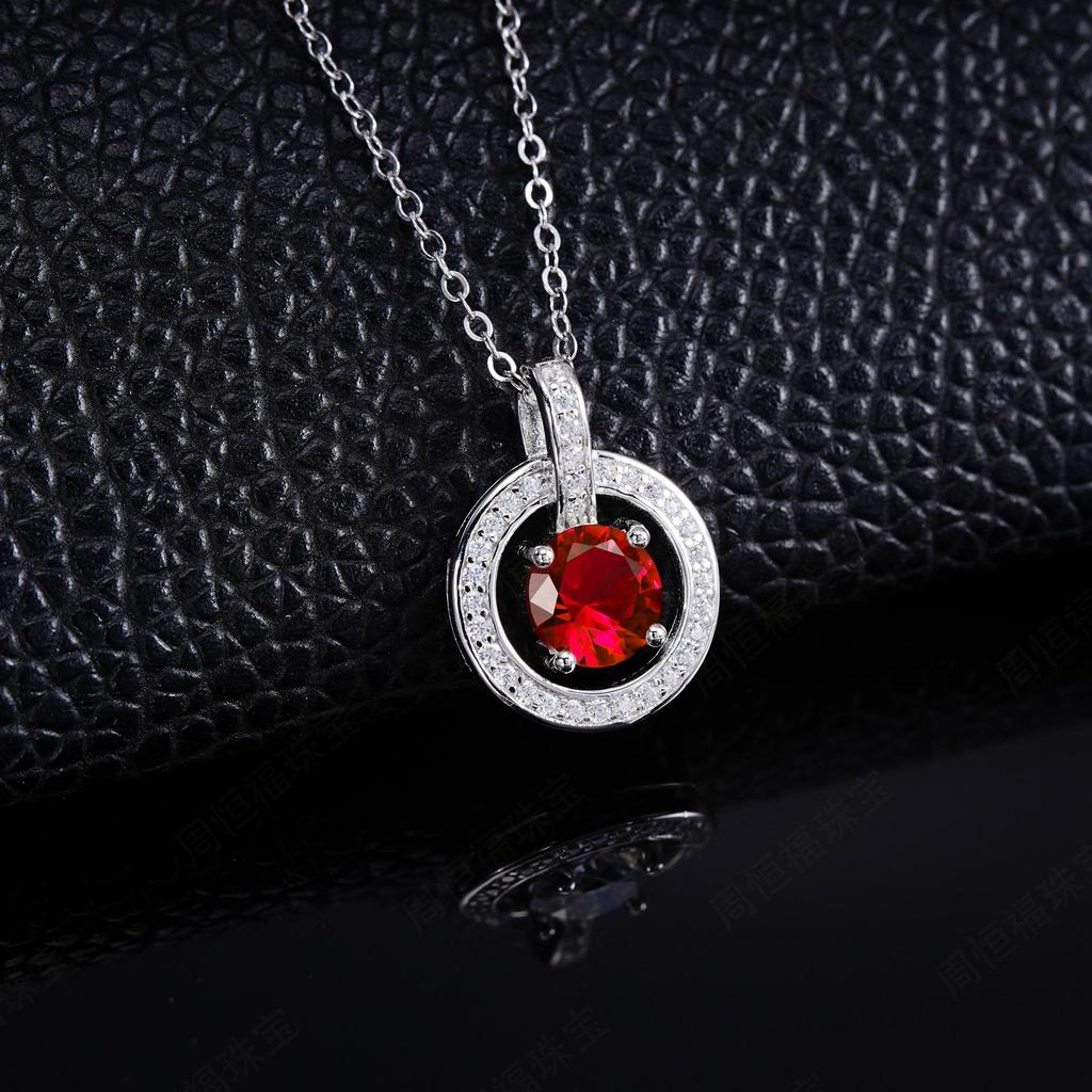 Zhou Hengfu S925 Sterling Silver Cultured Ruby Retro Necklace for Women - Light Luxury, Unique Design