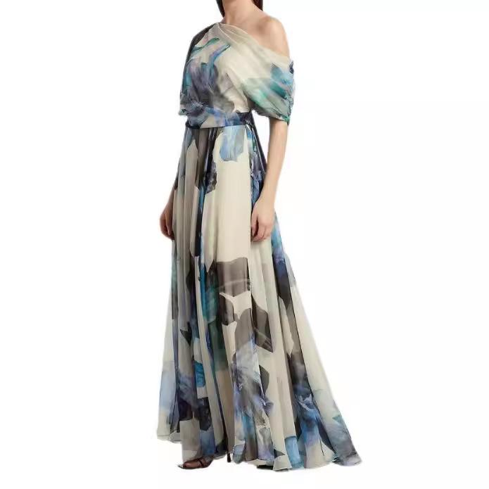 Vestido de gasa bohemio europeo y americano con un hombro descubierto