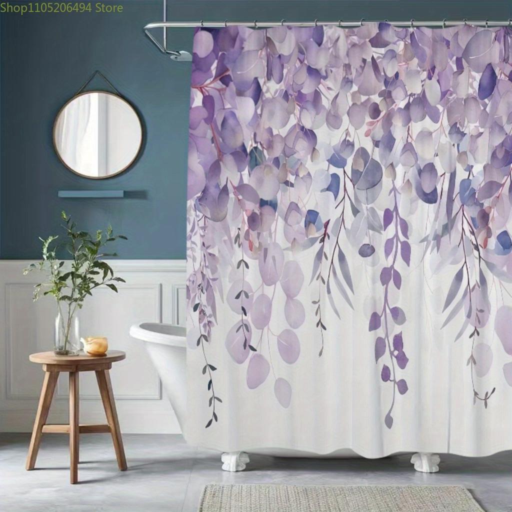 1pc Purple Leaf Print Watercolor Shower Curtain - Floral Botanical Bathroom Decor with Hooks, Machine Washable Polyester Fabri