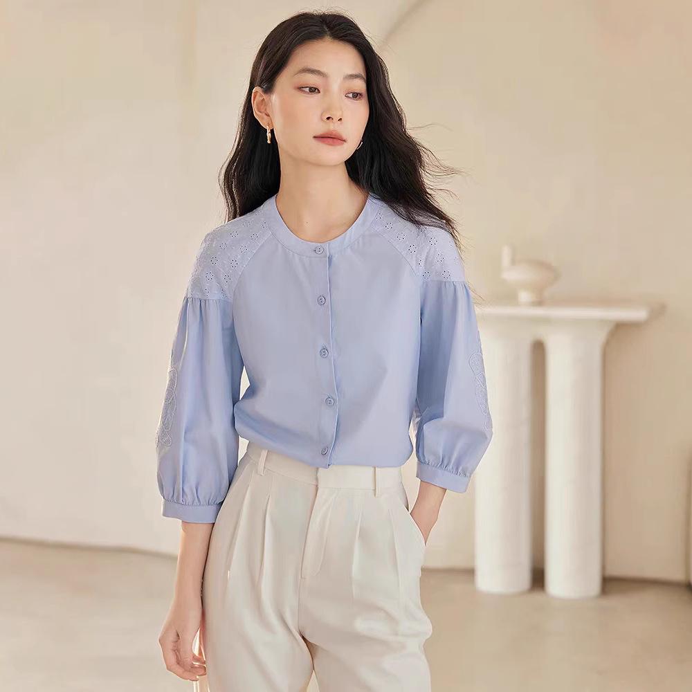 Women's Chic White French Seven-Sleeve Slimming Shirt with Hollow Embroidery - Summer 2025 Collection