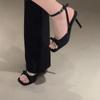 2025 new one-word strap open-toed high heels women's shoes banquet solid color sandals summer French temperament bow