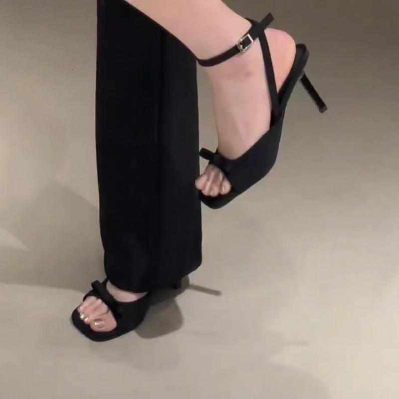2025 New One-word Strap Open-toed High Heels Women's Shoes Banquet Solid Color Sandals Summer French Temperament Bow
