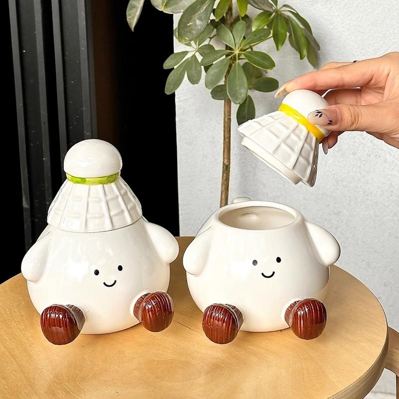 Cute Badminton Water Cup with Lid Ceramic Mug Underglaze Color High Temperature Resistant Water Cup Couple Pair Cup Birthday Gift