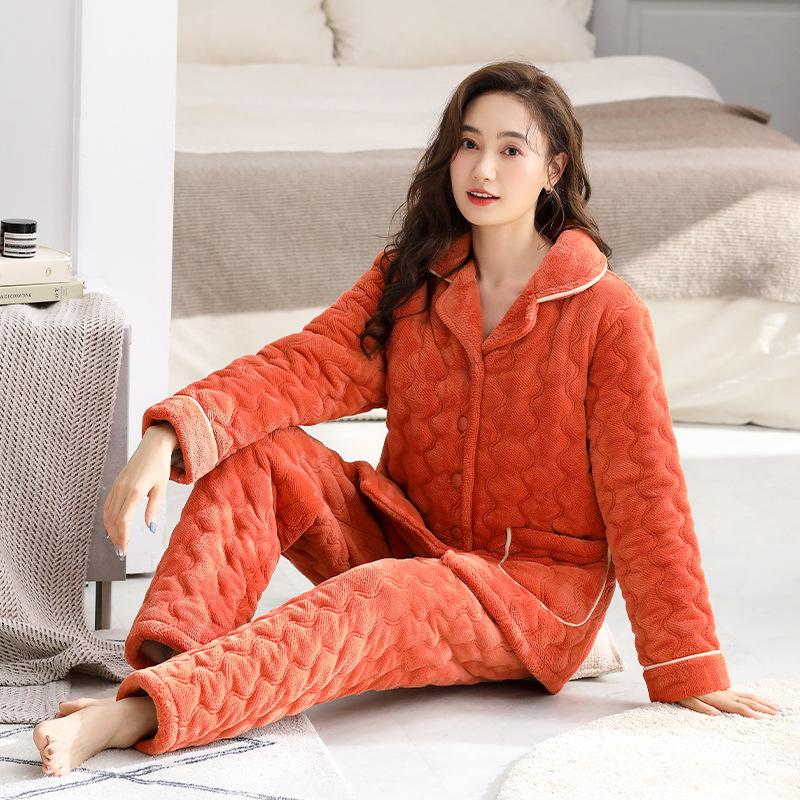 

Зимняя хлопковая пижама, женский теплый кардиган с простым воротником и тремя слоями хлопковой фланели, утепленная женская домашняя одежда