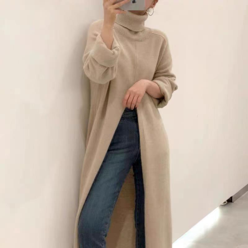 Koreansk Chic Höghalsad Lös Över Knäet Smickrande Stickad Tröja för Kvinnor - Höst/Vinter Nischdesign