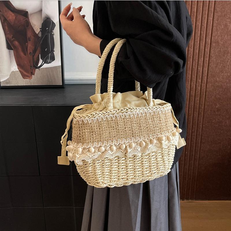 Yogodlns Women Straw Woven Bag Straw Tote Bag Large Capacity Weaving Shoulder Purse with Lace Woven Shopping HandBag Summer Beach Clutch