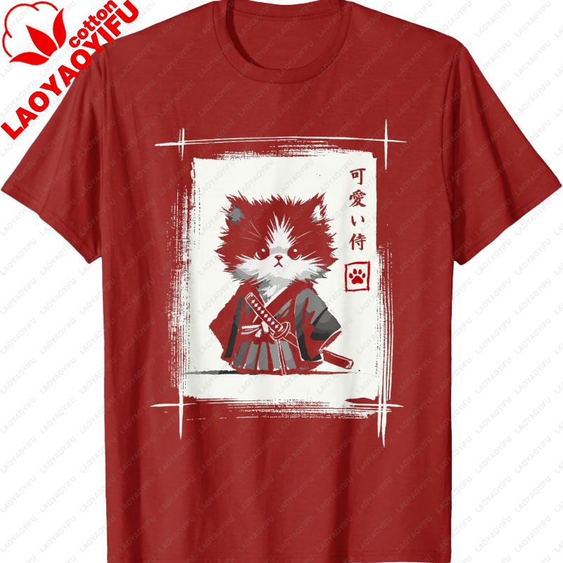 Harajuku Samurai Japanese Art Sumie Novelty Kawaii Funny Cat Unisex TShirt Lovely Printed Tshirt Tops Regular Short Sleeve