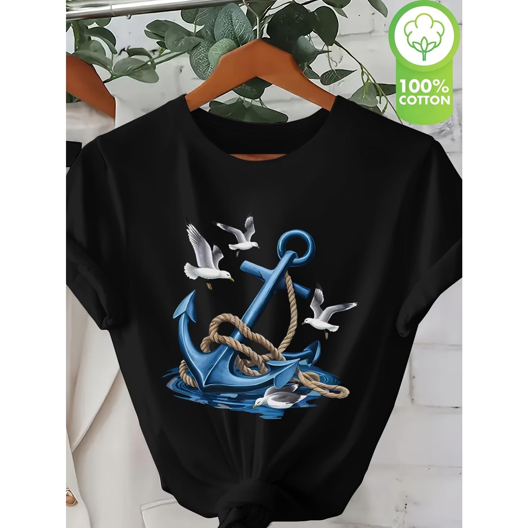 

Women Casual Short Sleeve T-Shirt - Nautical Anchor & Seagulls Graphic Print, Breathable Round Neck Tee, Black with Blue Maritime Design XXL чорний