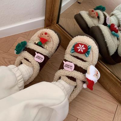 Moș Crăciun cu desene animate de modă purtând pantofi de damă pentru iarna 2024, papuci de bumbac plat, de pluș și cald, pentru femei, Zapatos De Mujer