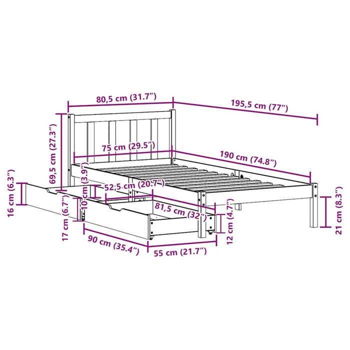 VidaXL Bed Frame with Drawers 75x190 Cm Solid Pine Wood, Slatted Base, Single Bed Frame, Solid Wood Bed Frame, 3301459