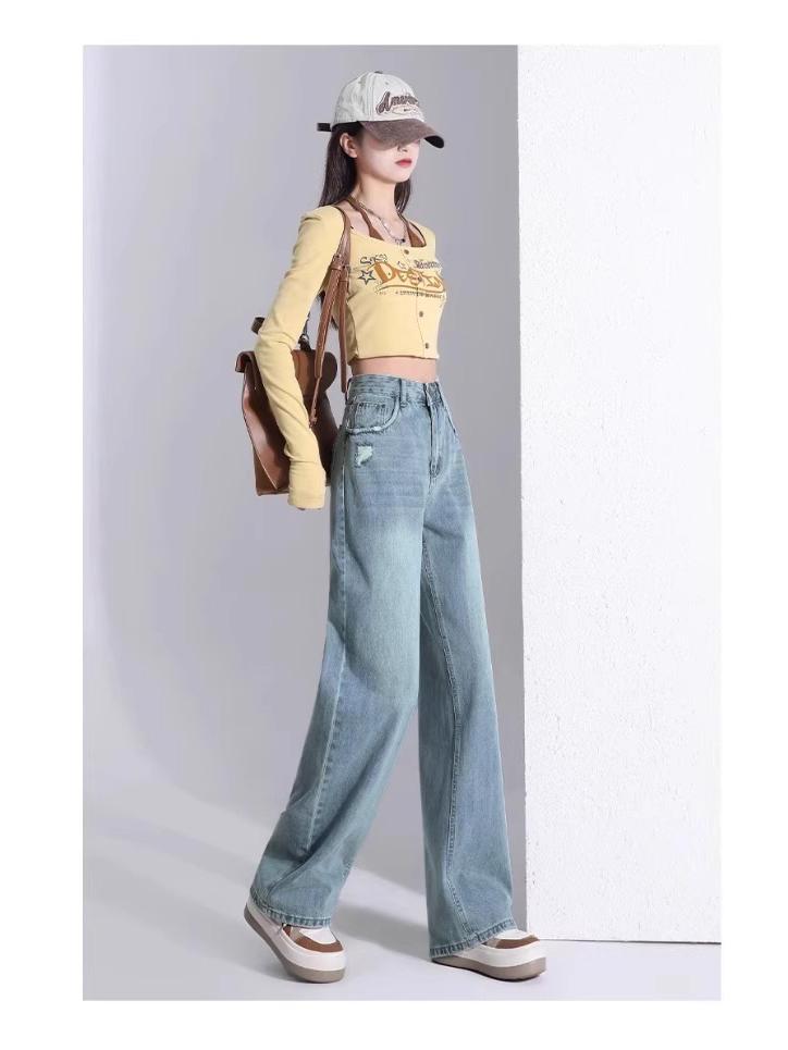 2025 Women's Light Wash Ripped Jeans: High Waist, Loose, Straight Leg, Floor-Length, Thin Summer Casual Pants