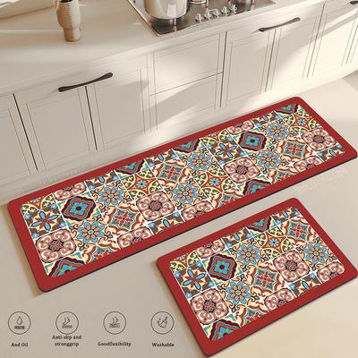 Non-Slip Kitchen Carpet Retro Style Colorful Pattern Entrance Doormat Bedside Bedroom Mat Large Coverage Absorbent Durable Rug