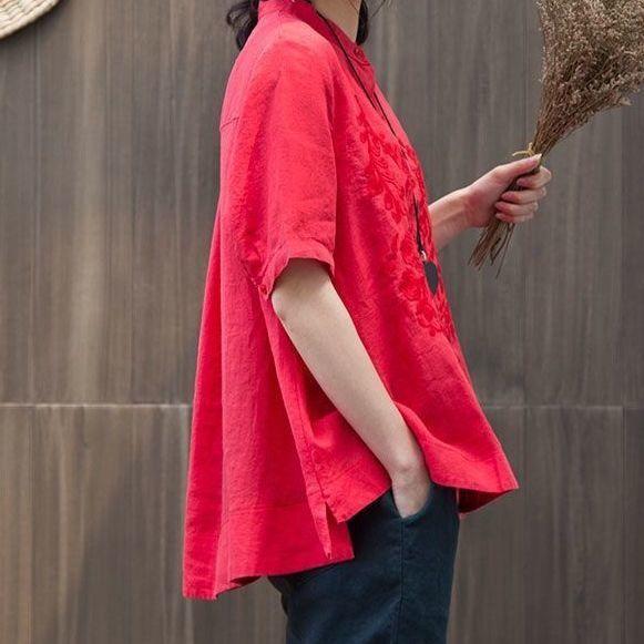 Women's Standing Collar Shirt Artistic Embroidery Shirt Plus Size Short Sleeved Shirt Women's Linen Shirt