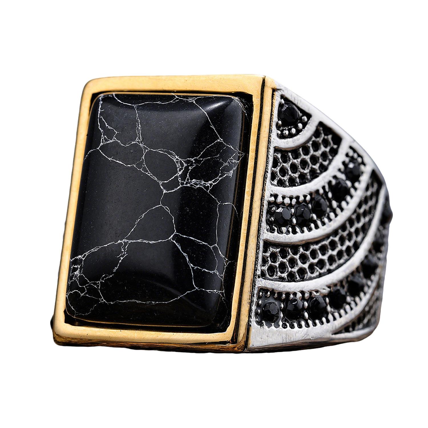 

Кольцо мужское из нержавеющей стали в стиле ретро, персонализированное, инкрустированное натуральным черным бирюзовым агатом No. 10