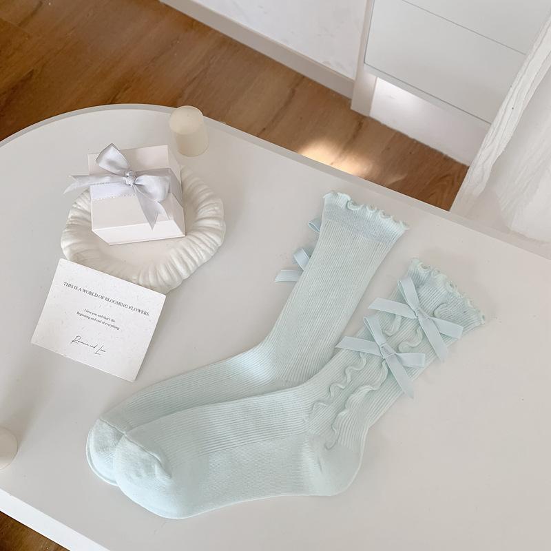 

Lolita Kawaii Women Socks Bow Sweet Girls Cute Ruffle Socks Women Japanese Style Solid Color Black White Gray Long Socks Sox EUR 35-39 світло-синій колір