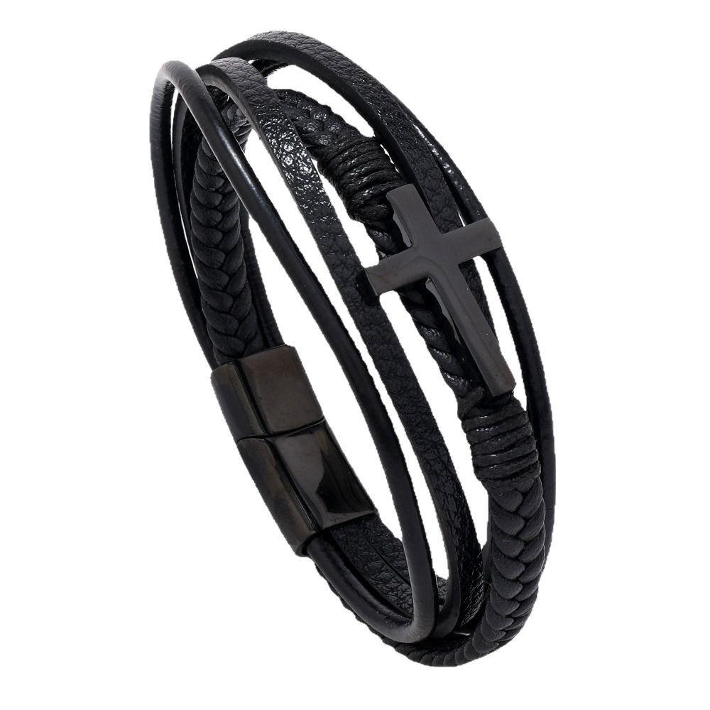 Korean Style Multi-Layer Leather Braided Bracelet with Magnetic Buckle - Men's Imitation Leather Jewelry